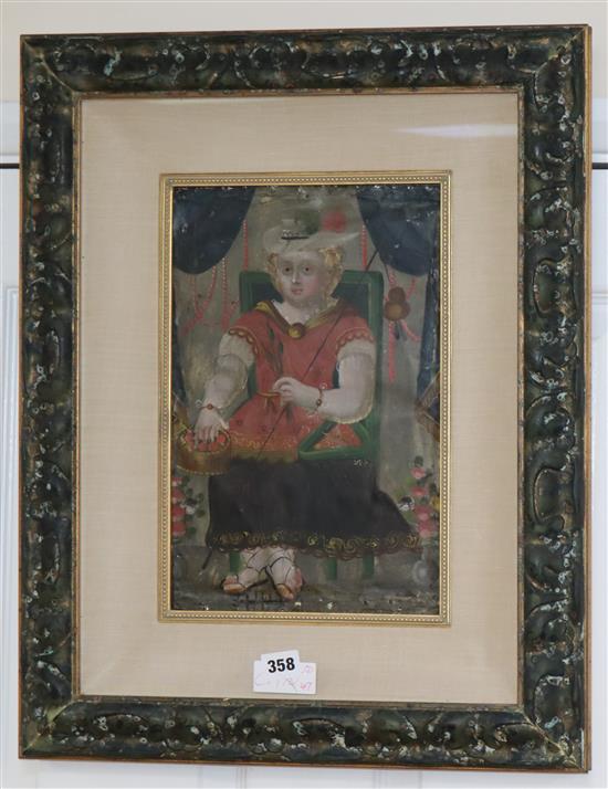 Cusco School, oil on canvas, Portrait of a seated woman with a basket of fruit, 34 x 22cm